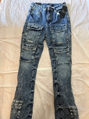 American Bazi Women's Straight-Leg Washed Blue Cargo Jeans
